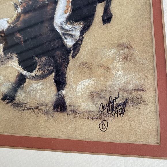 Vintage 1995 BULL RIDING PICTURE RODEO COWBOY CAROLYN CHENEY FRAMED PRINT 13x16” - Picture 5 of 5